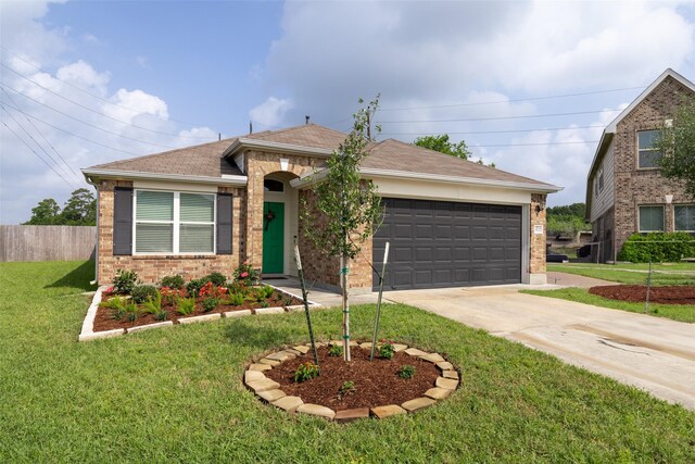 ranch-style house with a front yard, a garage, brick siding, fence, and concrete driveway