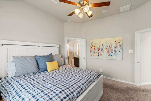 bedroom featuring visible vents, a ceiling fan, lofted ceiling, baseboards, and carpet flooring