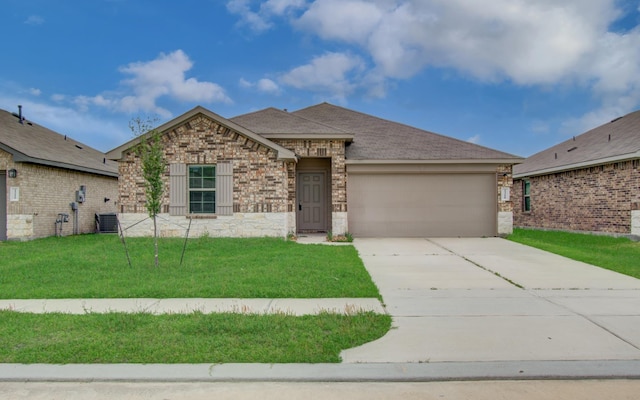 view of front facade with a garage, a front yard, brick siding, a shingled roof, and driveway