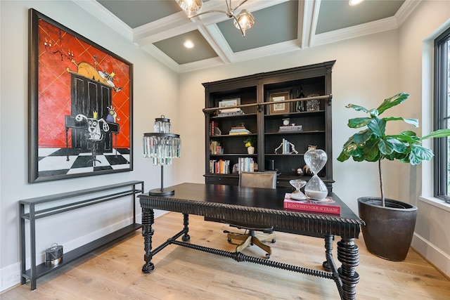 office space featuring wood finished floors, coffered ceiling, baseboards, beamed ceiling, and ornamental molding
