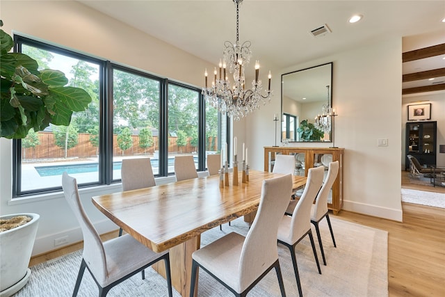 dining space with an inviting chandelier, light wood-style flooring, visible vents, baseboards, and recessed lighting