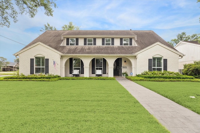 view of front facade featuring roof with shingles, covered porch, brick siding, and a front yard