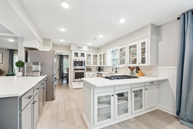 kitchen featuring light wood-style floors, plenty of natural light, stainless steel appliances, and a peninsula