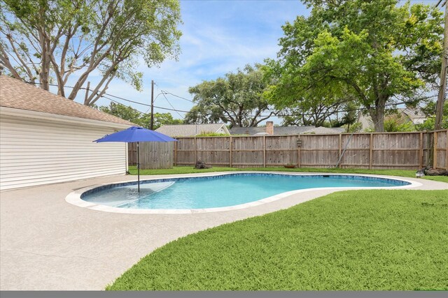 view of pool with a fenced backyard, a fenced in pool, and a yard