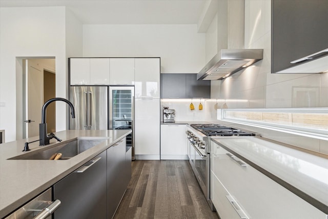kitchen featuring wall chimney range hood, a sink, stainless steel appliances, dark wood-style floors, and modern cabinets