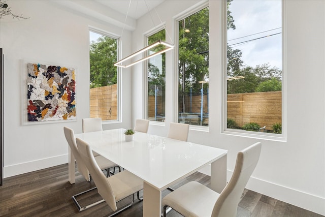 dining area featuring baseboards and dark wood-type flooring