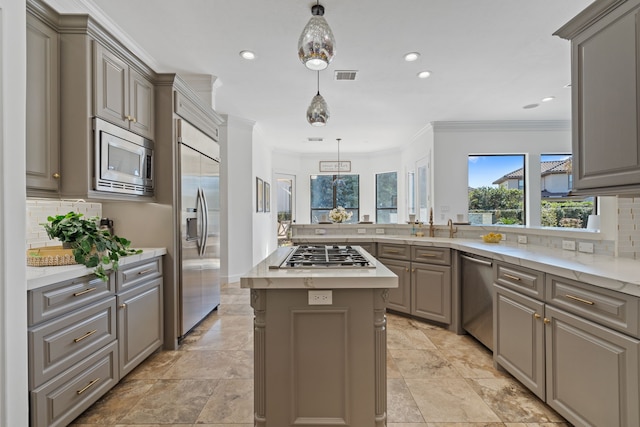 61 Open Sands Ct, Sugar Land, TX 77479 - kitchen with built in appliances, gray cabinetry, decorative backsplash, and visible vents
