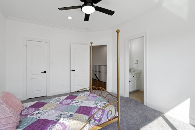 61 Open Sands Ct, Sugar Land, TX 77479 - bedroom featuring baseboards, carpet flooring, connected bathroom, and ornamental molding
