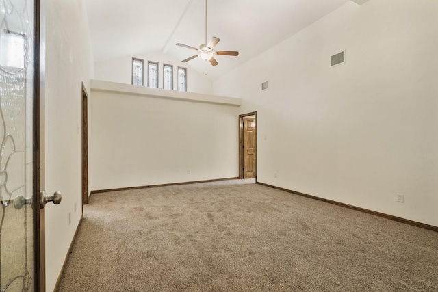 unfurnished living room featuring visible vents, carpet floors, baseboards, ceiling fan, and high vaulted ceiling