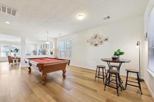 rec room with baseboards, pool table, light wood finished floors, and visible vents