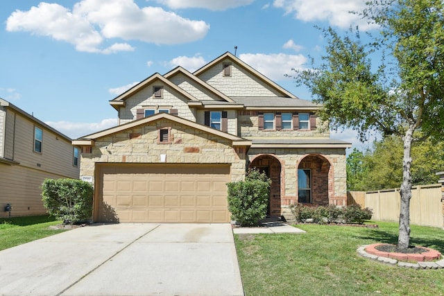 view of front of house with fence, driveway, a front lawn, and stone siding