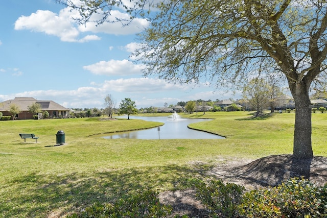 view of property's community with a lawn and a water view
