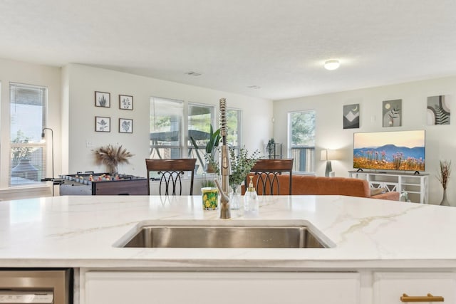 kitchen with white cabinets, light stone counters, a sink, open floor plan, and dishwashing machine