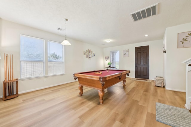 recreation room featuring pool table, baseboards, light wood-type flooring, and visible vents