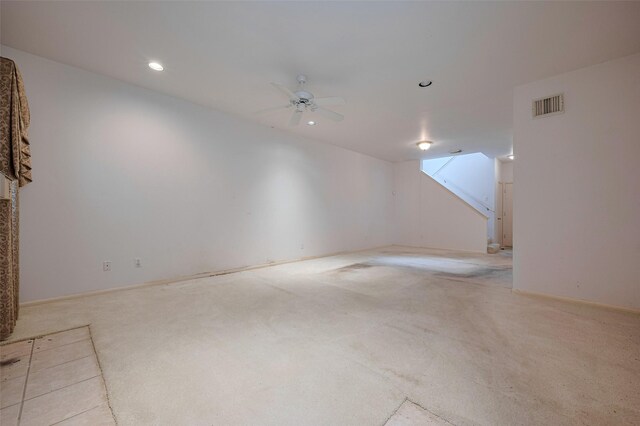 interior space with visible vents, recessed lighting, carpet, and ceiling fan