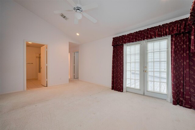 carpeted spare room featuring visible vents, a ceiling fan, lofted ceiling, and recessed lighting