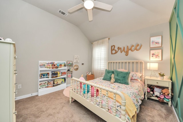 bedroom with a ceiling fan, visible vents, vaulted ceiling, baseboards, and carpet flooring