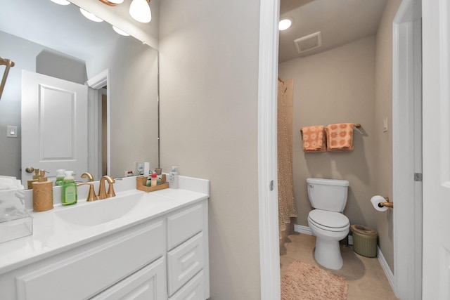 bathroom featuring tile patterned flooring, vanity, toilet, a shower with curtain, and visible vents