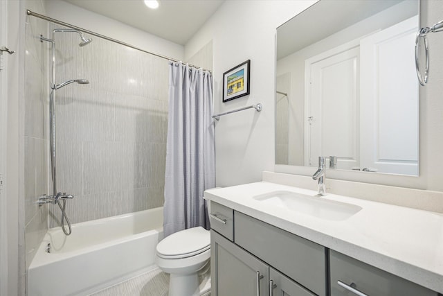 bathroom featuring vanity, tile patterned floors, toilet, shower / bath combo with shower curtain, and recessed lighting