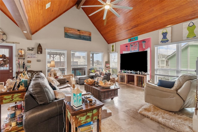 living area with a ceiling fan, wood ceiling, a healthy amount of sunlight, and high vaulted ceiling