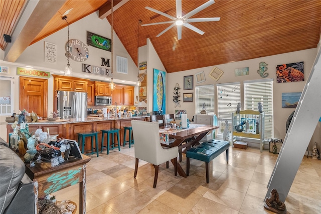 dining area featuring ceiling fan, visible vents, wooden ceiling, high vaulted ceiling, and beamed ceiling