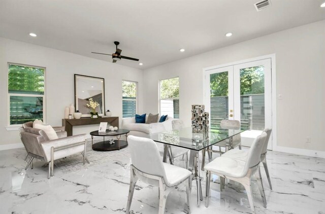 dining space with marble finish floor, recessed lighting, and visible vents