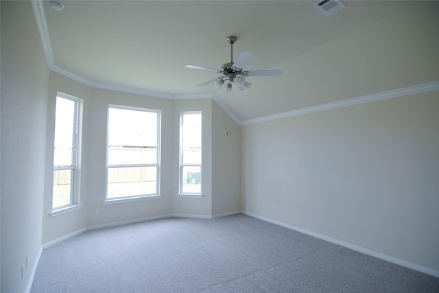 bonus room with carpet, a ceiling fan, baseboards, lofted ceiling, and visible vents