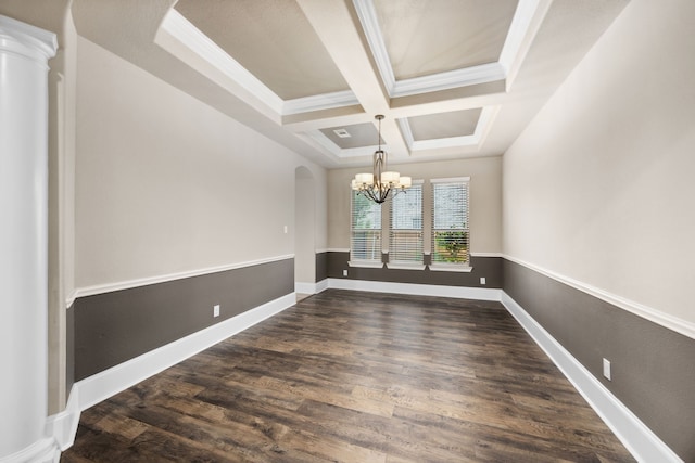25211 Birchwood Springs Ave, Porter, TX 77365 - unfurnished room featuring ornamental molding, beamed ceiling, dark wood-type flooring, a chandelier, and coffered ceiling