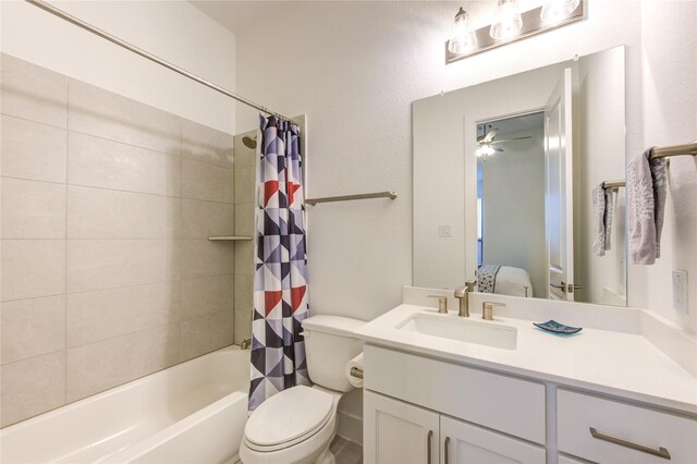 full bathroom with vanity, ceiling fan, toilet, and shower / bath combination with curtain