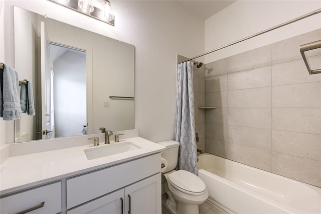 full bath featuring toilet, shower / tub combo with curtain, and vanity