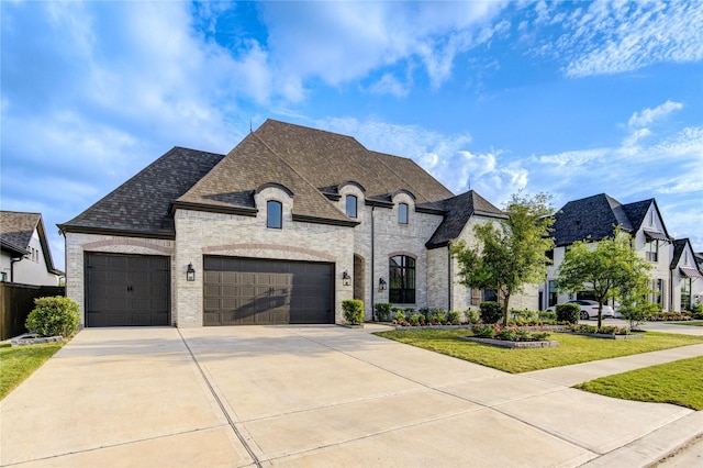 french country inspired facade with an attached garage, driveway, and brick siding