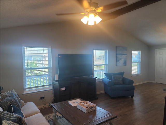 4222 Mason Dr, Galveston, TX 77554 - living area with lofted ceiling, baseboards, a ceiling fan, and dark wood finished floors