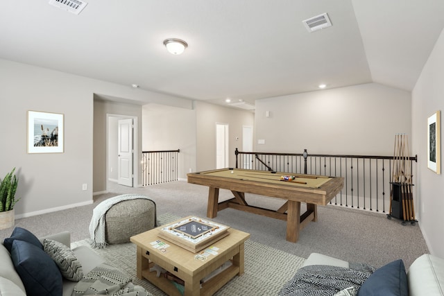 rec room with baseboards, carpet flooring, billiards, and visible vents