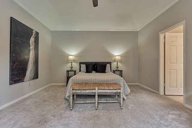 bedroom with carpet flooring, a ceiling fan, crown molding, and baseboards