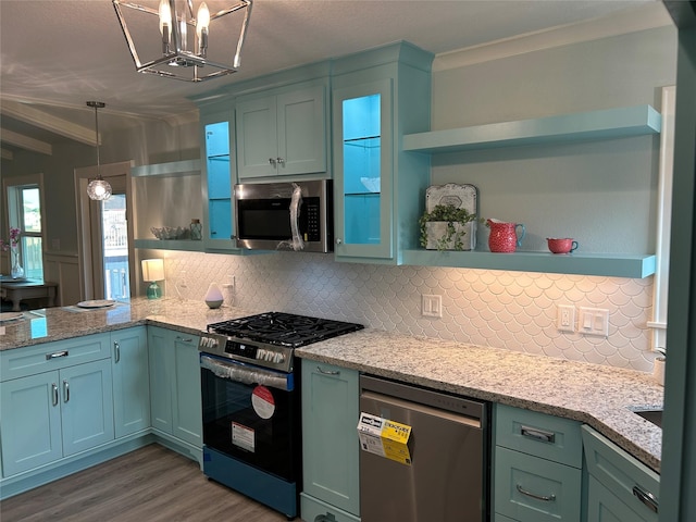kitchen featuring tasteful backsplash, open shelves, stainless steel appliances, and wood finished floors