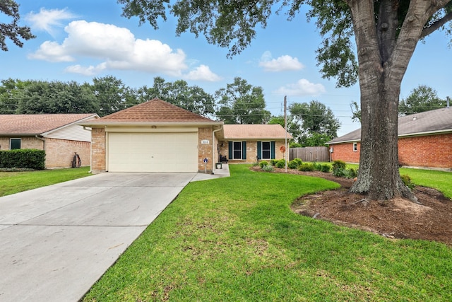 ranch-style house with brick siding, driveway, a front lawn, and a garage