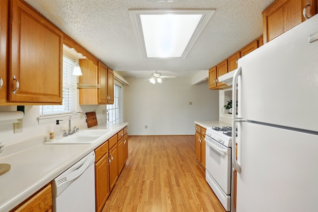 kitchen featuring white appliances, light wood-type flooring, a sink, and light countertops