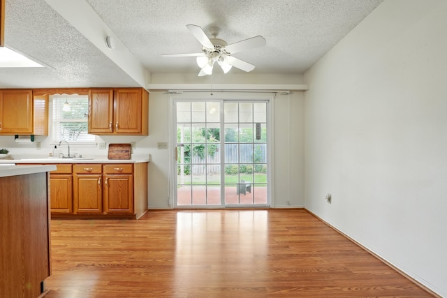 kitchen featuring light wood-style floors, light countertops, a ceiling fan, and a textured ceiling