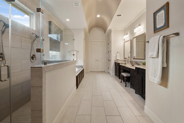 full bathroom with crown molding, a stall shower, and visible vents
