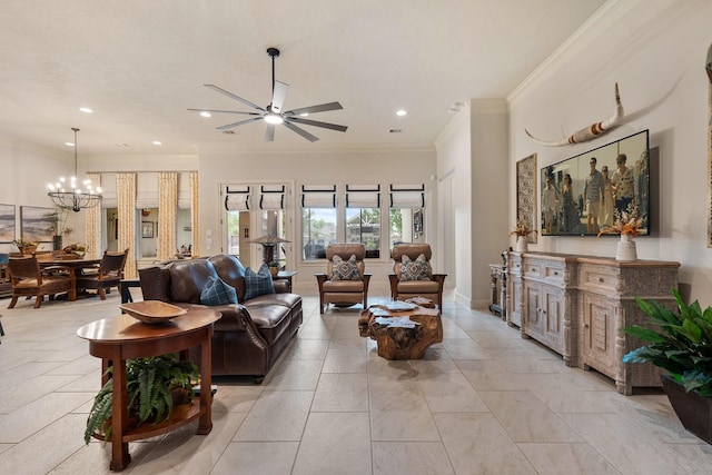 living area featuring recessed lighting, ornamental molding, and ceiling fan with notable chandelier