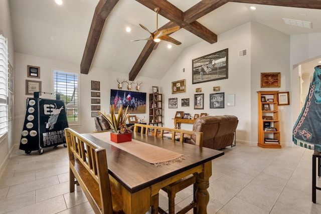 dining room with visible vents, baseboards, ceiling fan, and beam ceiling