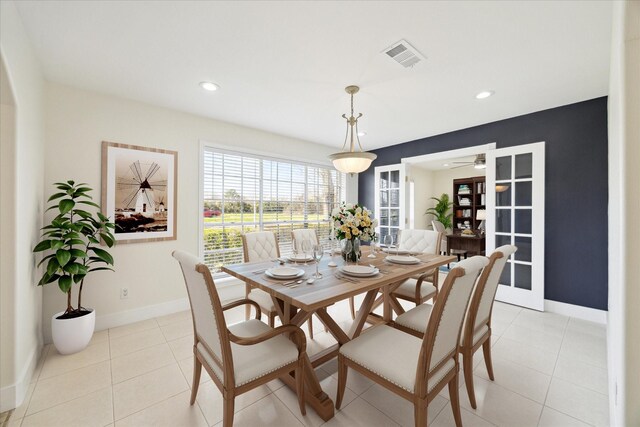 dining area with visible vents, baseboards, recessed lighting, a ceiling fan, and light tile patterned floors