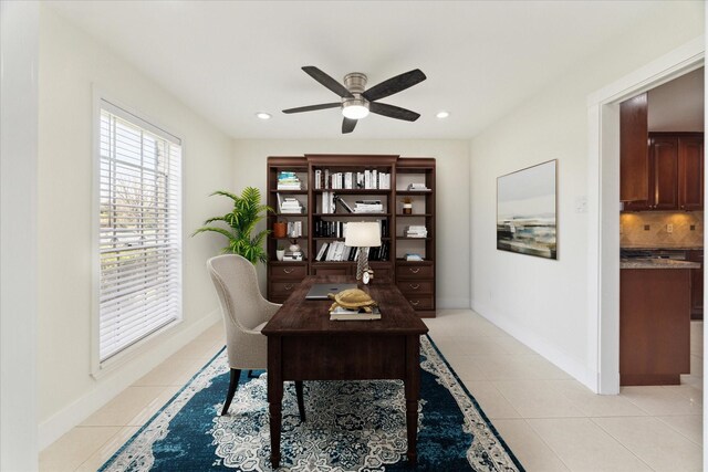 home office featuring recessed lighting, a ceiling fan, and light tile patterned floors