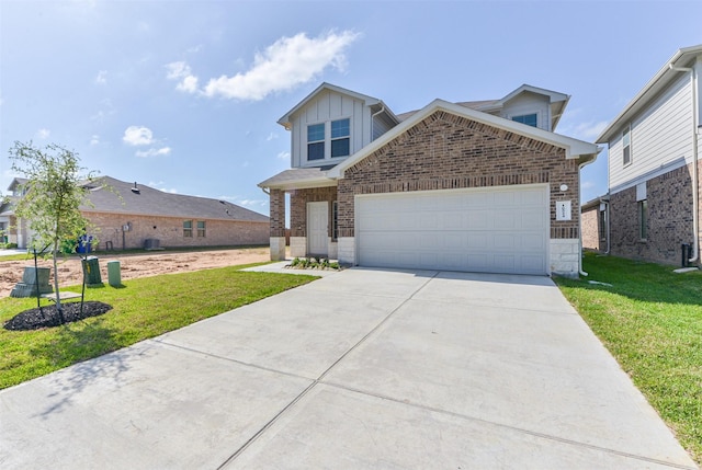 16524 Cascading Pines Ct, Conroe, TX 77302 - traditional-style house featuring a garage, a front lawn, board and batten siding, and concrete driveway
