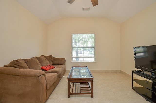 18235 Bonham Oaks Ct, Richmond, TX 77407 - living area featuring ceiling fan, visible vents, light tile patterned floors, and lofted ceiling