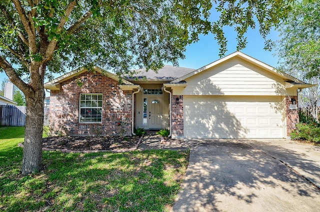 18235 Bonham Oaks Ct, Richmond, TX 77407 - ranch-style home with fence, an attached garage, driveway, and brick siding