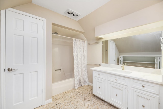 full bath with vanity, baseboards, shower / bathtub combination with curtain, and lofted ceiling
