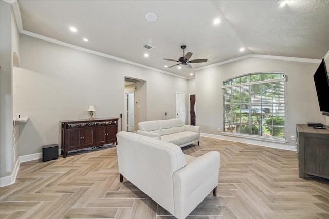 living room with a ceiling fan, visible vents, baseboards, lofted ceiling, and recessed lighting