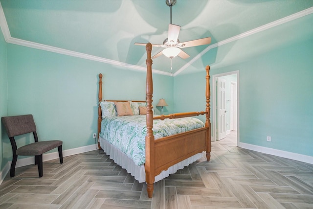 bedroom featuring baseboards, ornamental molding, and a ceiling fan