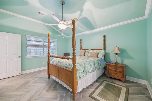 bedroom featuring visible vents, ornamental molding, and baseboards